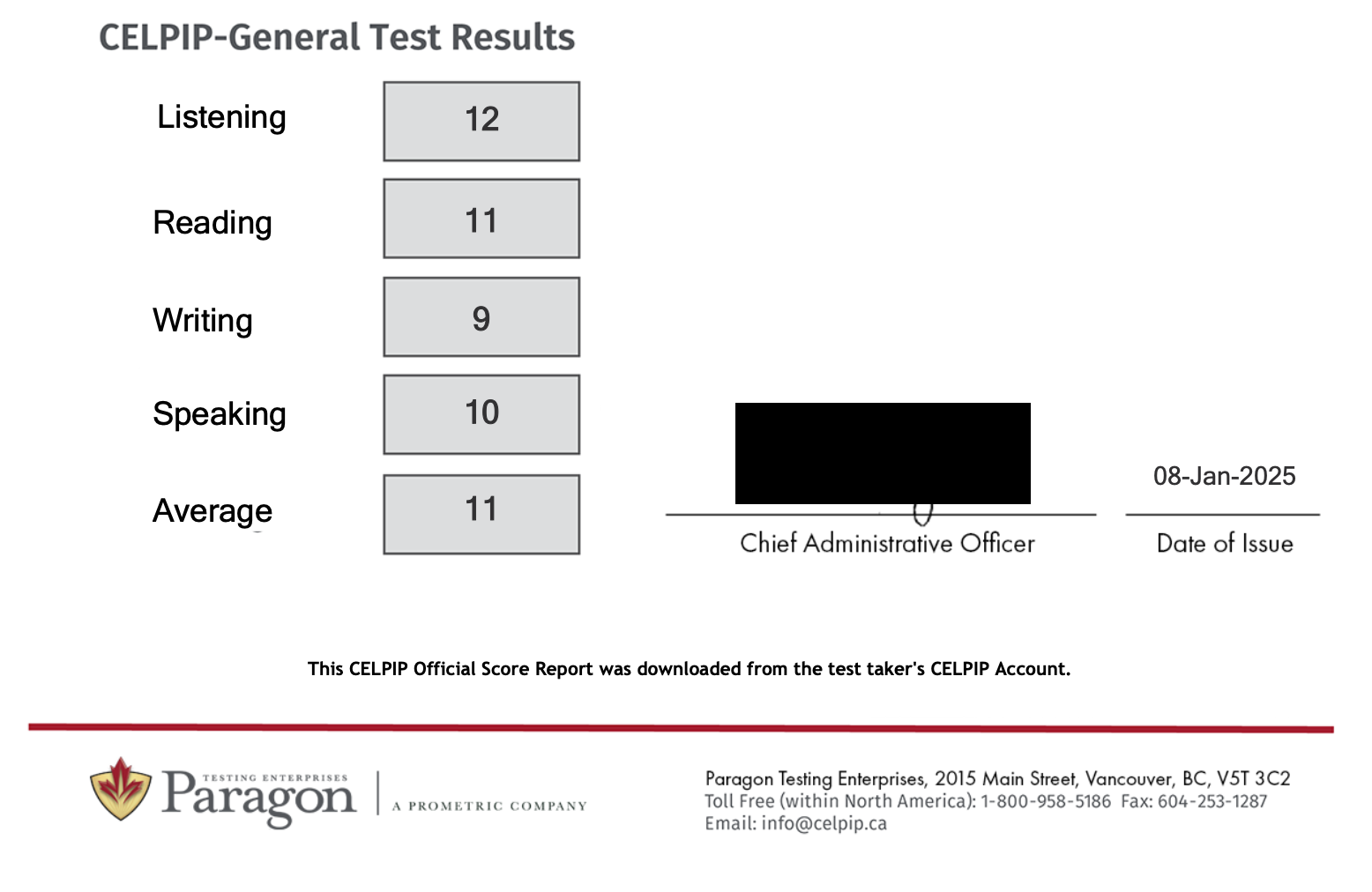 Founder's official CELPIP-General score report