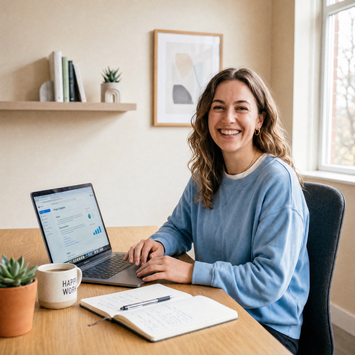 A CELPIP test-taker smiling while practising at her laptop in a home office